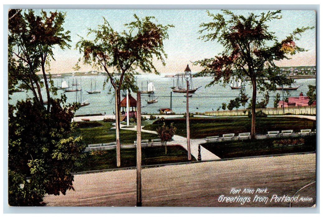 c1905's Greetings From Portland Fort Allen Sailboat Shed Maine ME Postcard