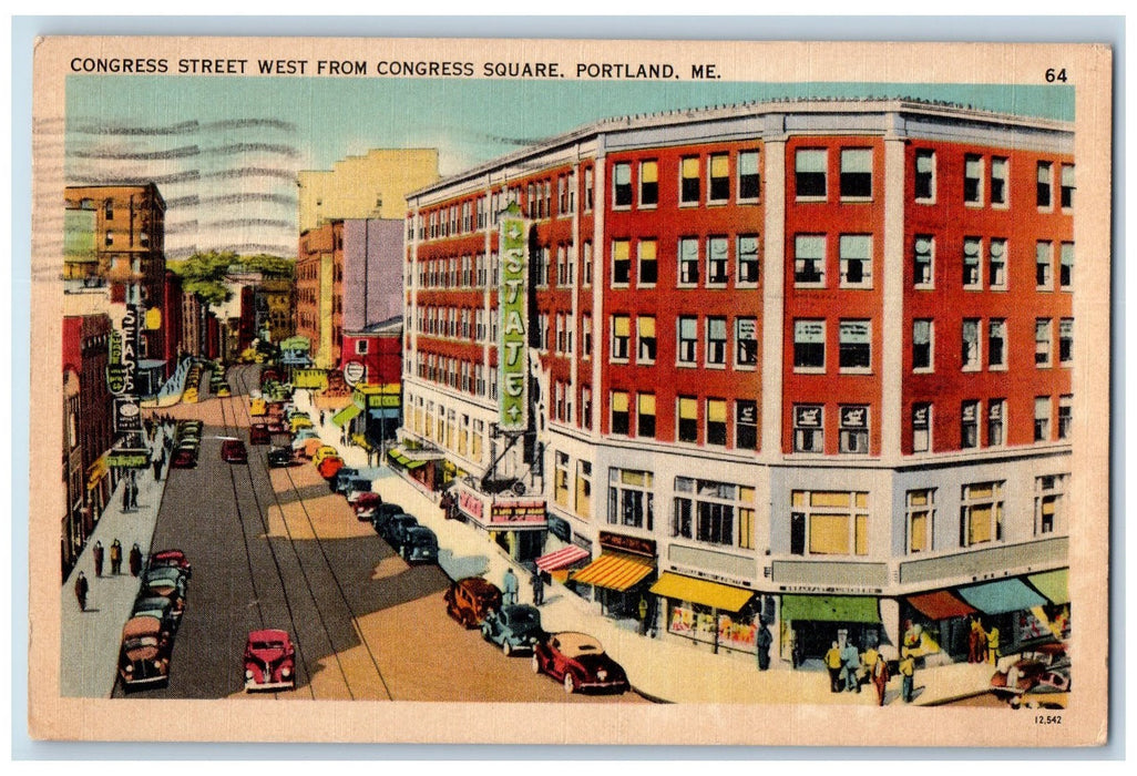 1941 Congress Street West Congress Square Classic Cars Rail Portland ME Postcard