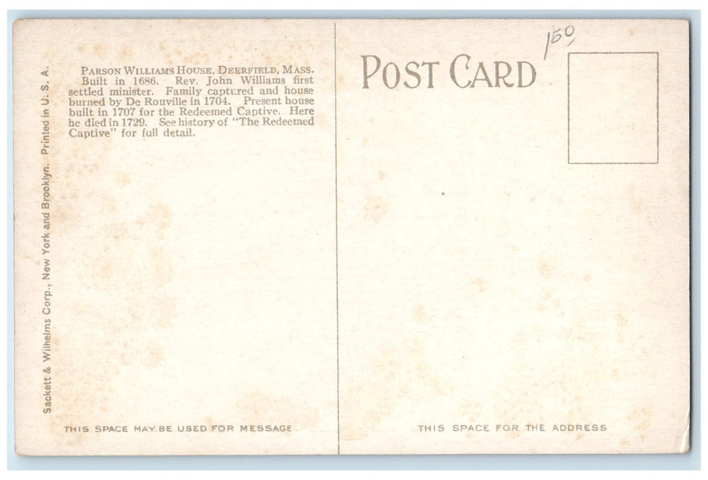 c1920's Parson Williams House Exterior Scene Deerfield Massachusetts MA Postcard