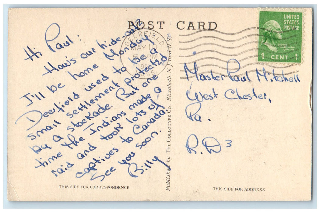 1951 Deerfield Inn Exterior Scene Deerfield Massachusetts MA Posted Postcard