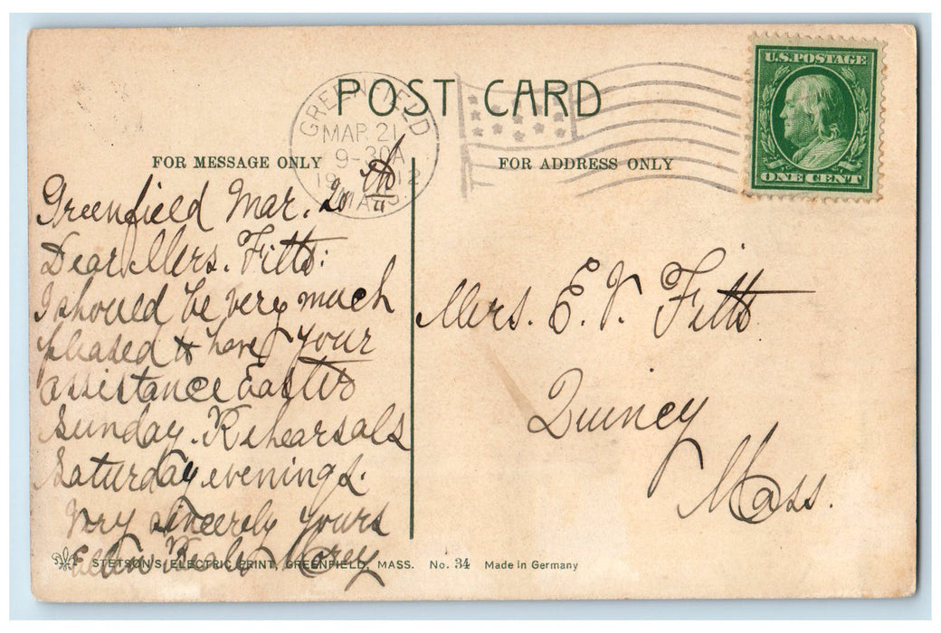 1912 Sugarloaf Mountain So. Deerfield Massachusetts MA Posted Farmer Postcard