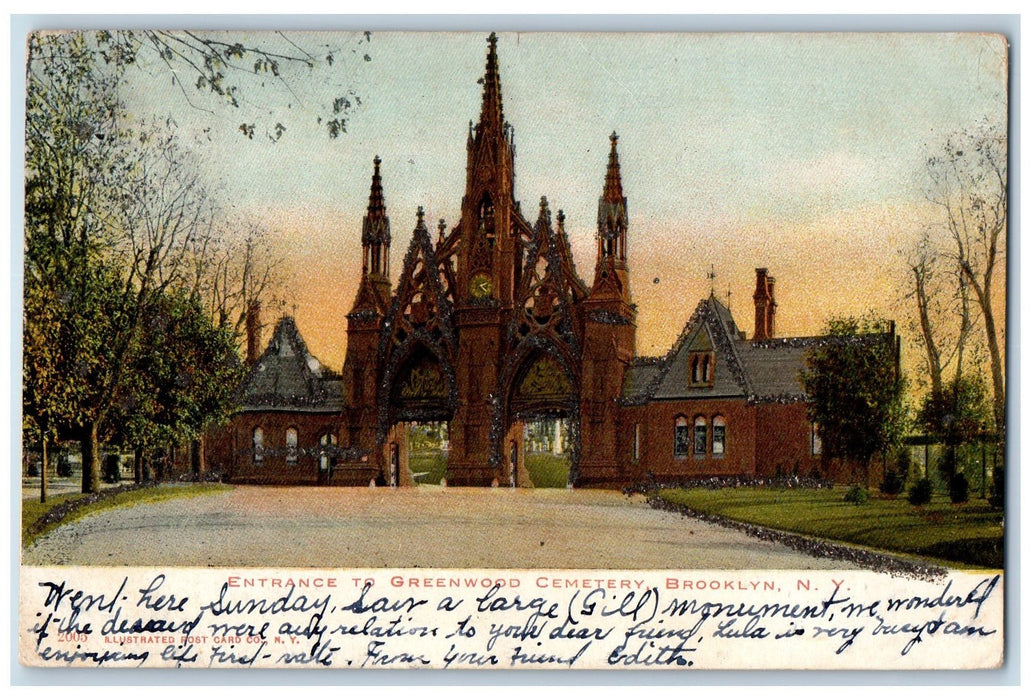 1906 Entrance To Greenwood Cemetery Cross Clock Tower Ark Brooklyn NY Postcard
