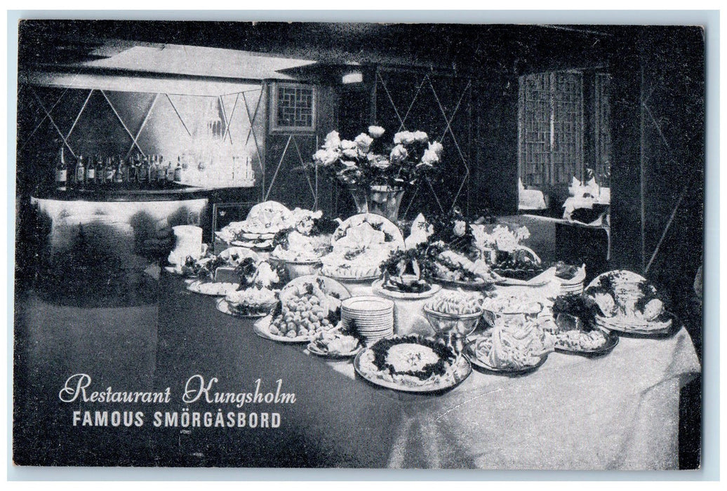 c1950 Restaurant Kungsholm Famous Smorgasbord Scene Table Foods Wine NY Postcard