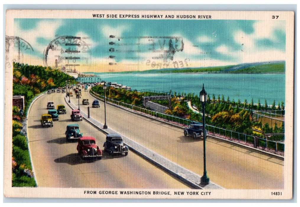 c1950's Express Highway And Hudson River George Washington Bridge NY Postcard