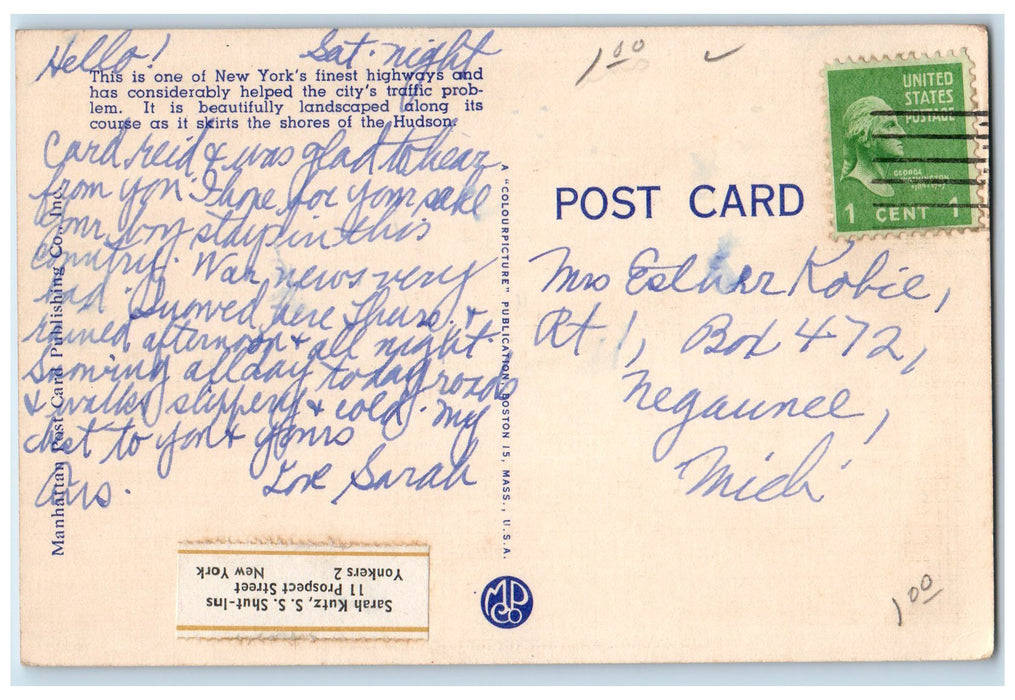 c1950's Express Highway And Hudson River George Washington Bridge NY Postcard