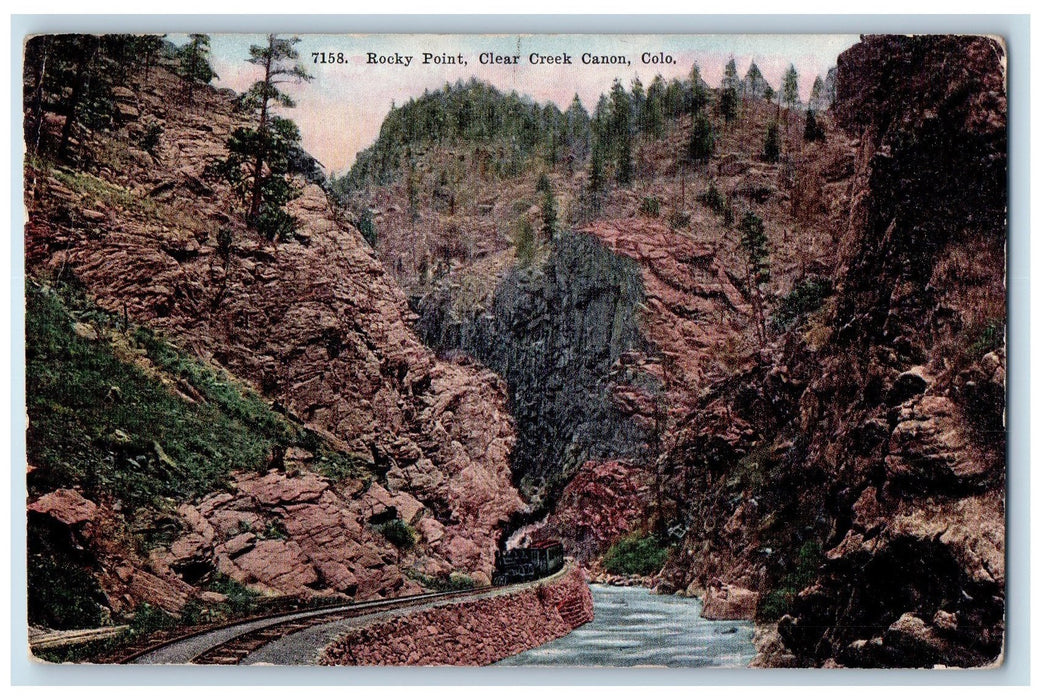 c1950 Rocky Point Clear Creek Train Smokestacks River Canon Colorado CO Postcard