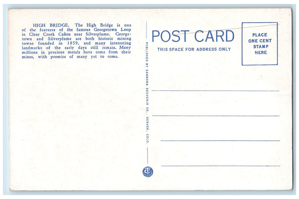 c1950 High Bridge Railroad Rocky Point River Forest Georgetown Loop CO Postcard