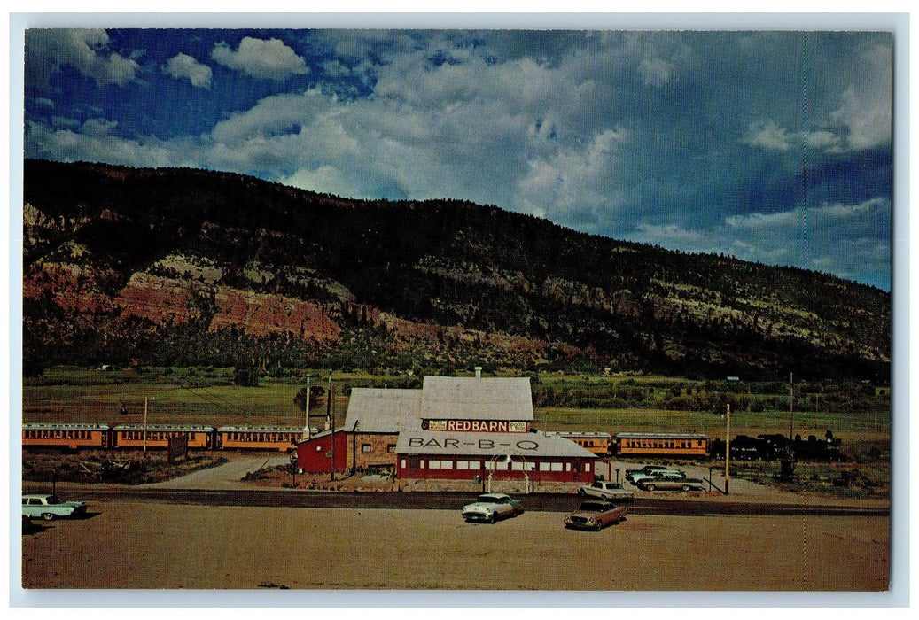 c1950 Red Barn Restaurant Narrow Gauge Classic Cars Animas Valley CO Postcard