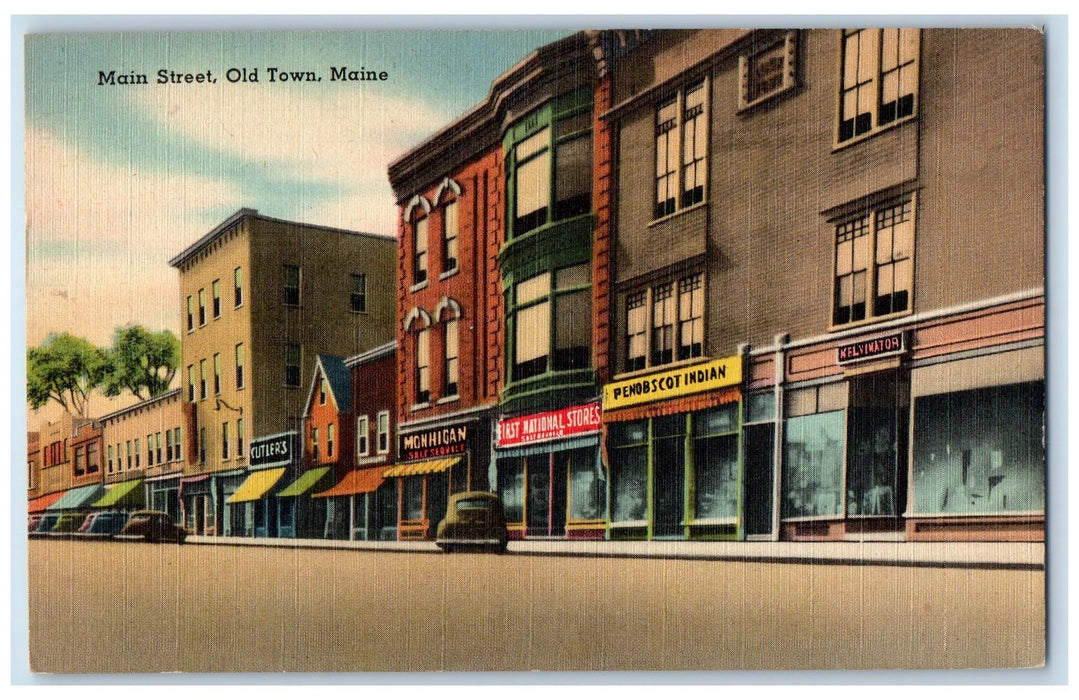 c1940's Maine Street Old Town Roadside Scene Maine ME Unposted Vintage Postcard