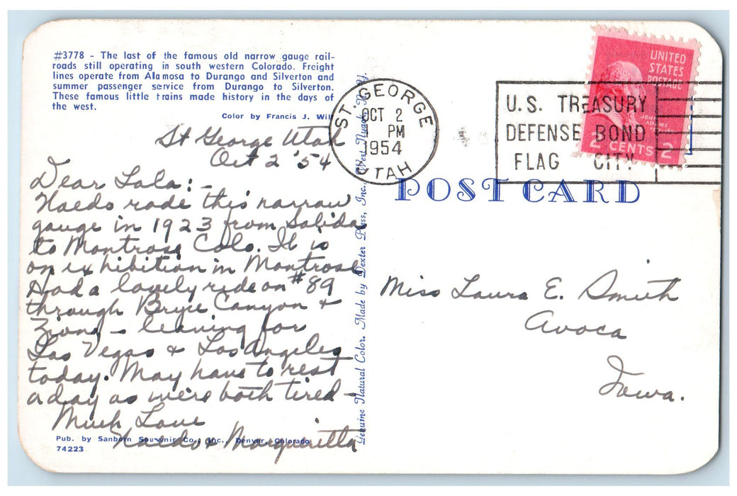 1954 Train Railroad Freight Passenger Service South Western Colorado CO Postcard