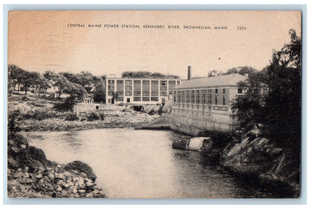 1919 Central Maine Power Station Kennebec River View Skowhegan Maine ME Postcard