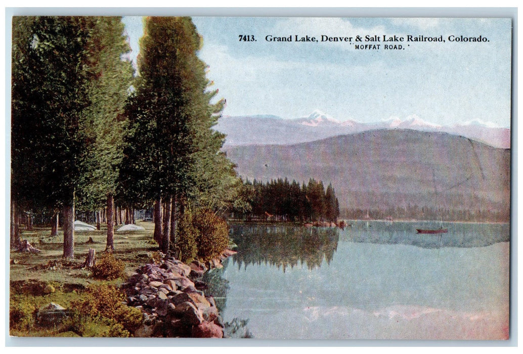 c1950's Grand Lake Boat Trees Denver Salt Lake Railroad Moffat Road CO Postcard