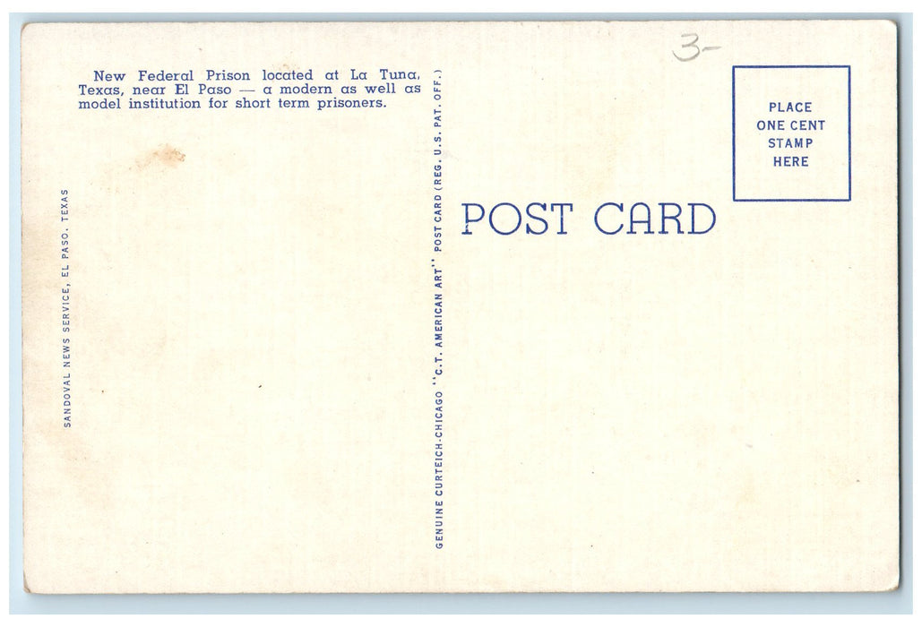 c1940's Federal Prison Building View Near Ela Paso La Tuna Texas TX Postcard