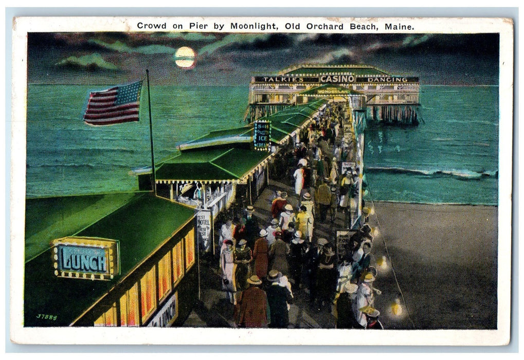 1934 Crowd Von Pier By Moonlight View Old Orchard Beach Maine ME Posted Postcard