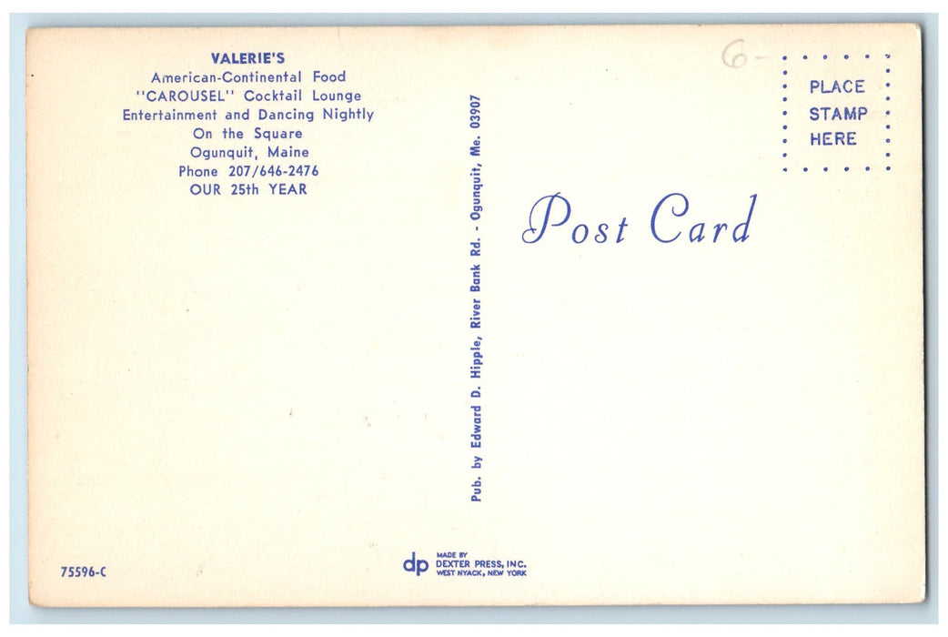 c1960's Valerie's American Continental Food Restaurant Ogunquit ME Postcard
