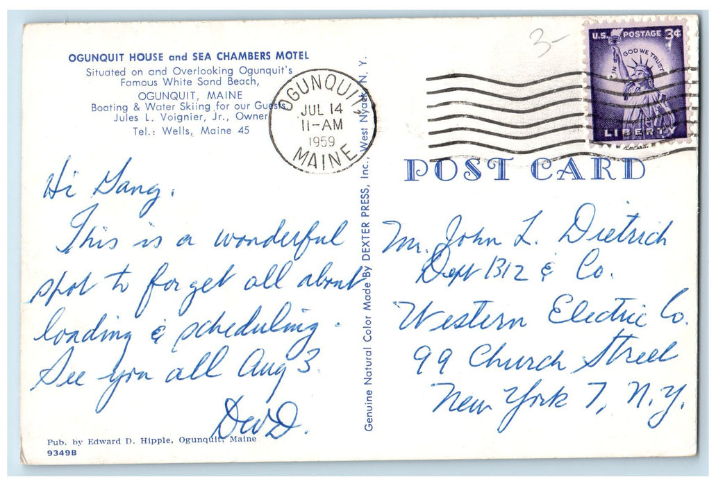 1959 Ogunquit House And Sea Chambers Motel Ogunquit Maine ME Posted Postcard