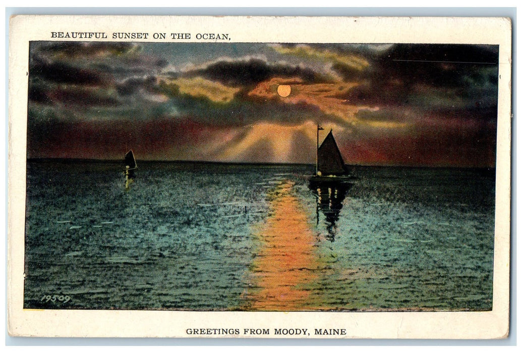 1928 Greetings From Moody Beautiful Sunset On The Ocean Maine ME Posted Postcard