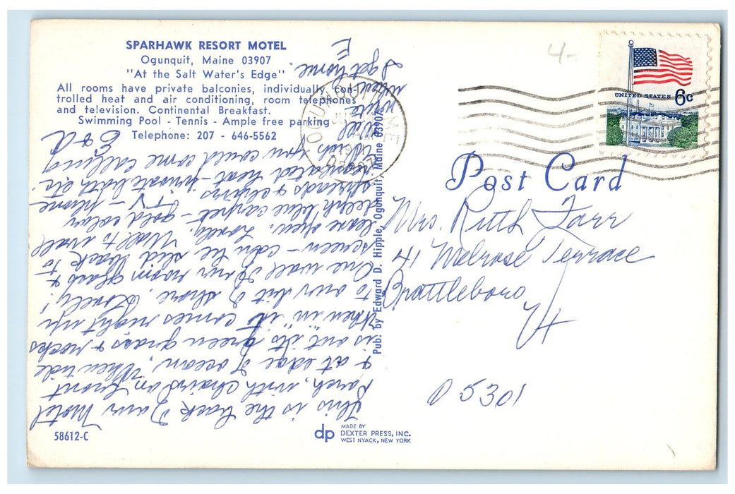 1971 Sparhawk Resort Motel At The Salt Water's Edge Ogunquit Maine ME Postcard