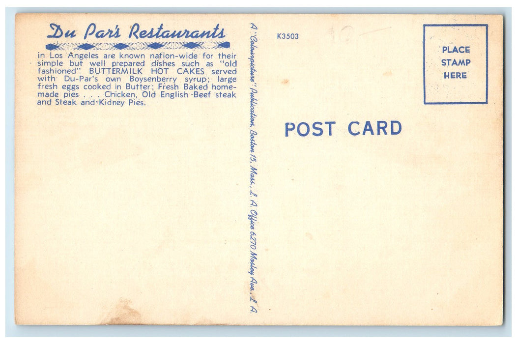 c1950's Du Par's Restaurants Composite View Los Angeles California CA Postcard
