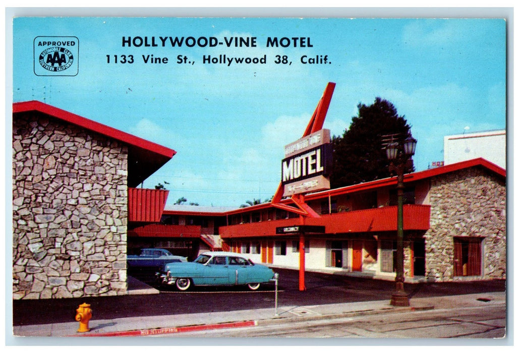 c1950 Hollywood Vine Motel Restaurant Classic Car Roadside Hollywood CA Postcard