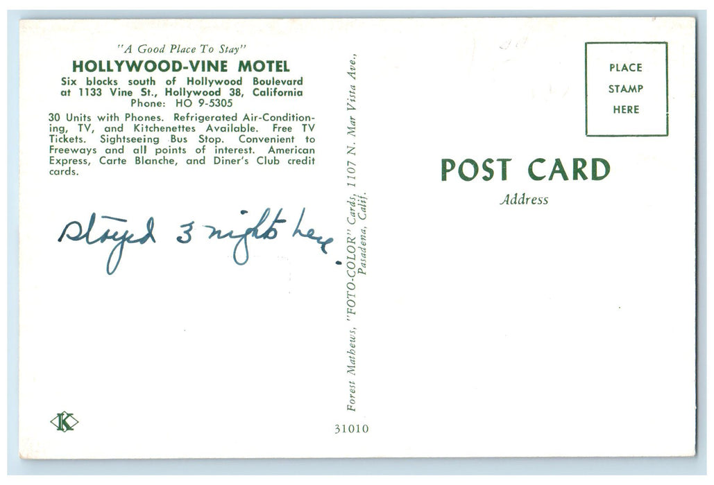 c1950 Hollywood Vine Motel Restaurant Classic Car Roadside Hollywood CA Postcard