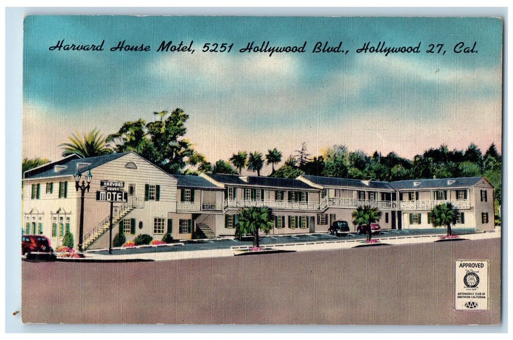 c1950 Harvard House Motel Restaurant Classic Cars Park Hollywood 27 CA Postcard