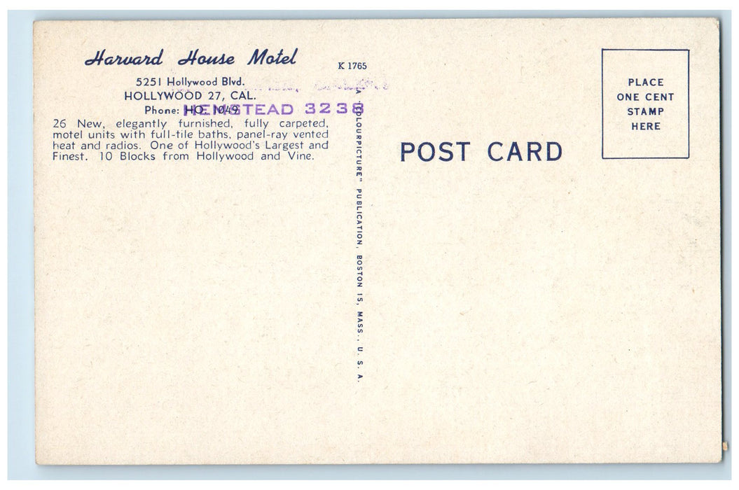c1950 Harvard House Motel Restaurant Classic Cars Park Hollywood 27 CA Postcard