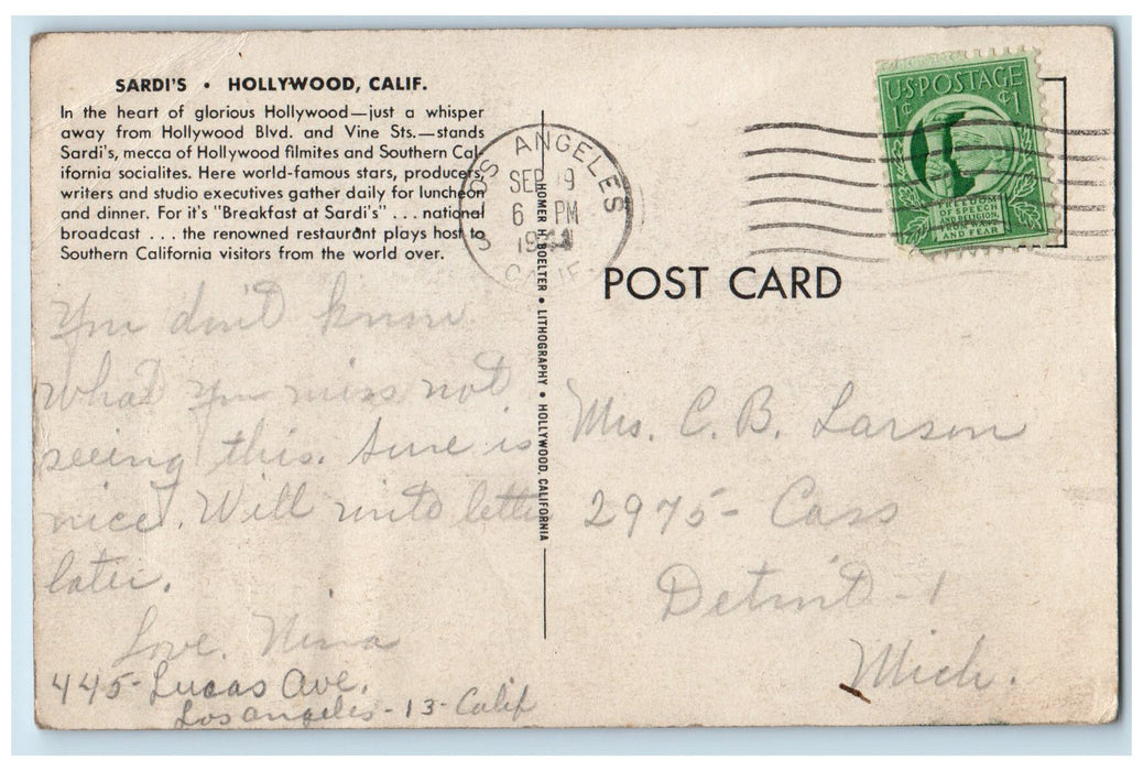 1944 Sardi's Restaurant Interior Dining Set Up Hollywood California CA Postcard