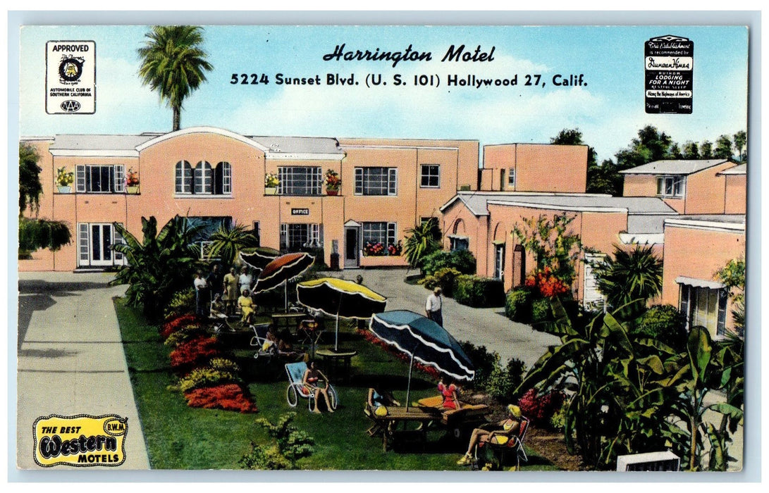 c1950's Harrington Motel Restaurant Umbrella Hollywood 27 California CA Postcard