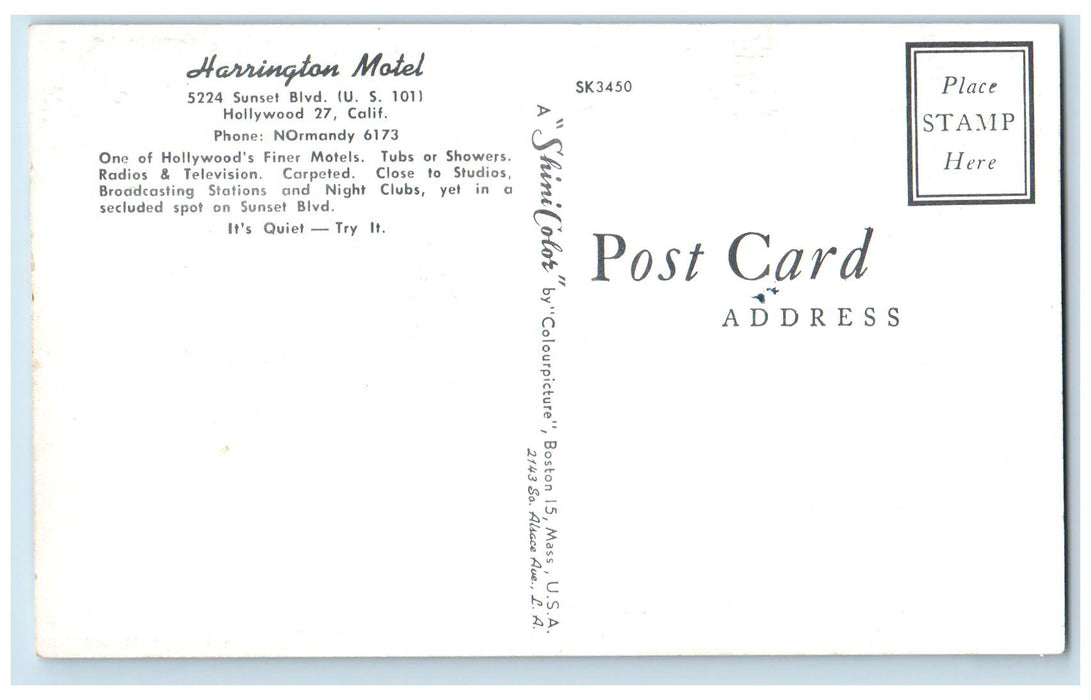 c1950's Harrington Motel Restaurant Umbrella Hollywood 27 California CA Postcard