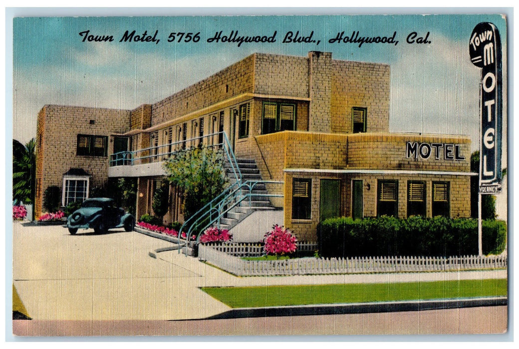 c1950 Town Motel Entrance Classic Car Restaurant Hollywood Boulevard CA Postcard