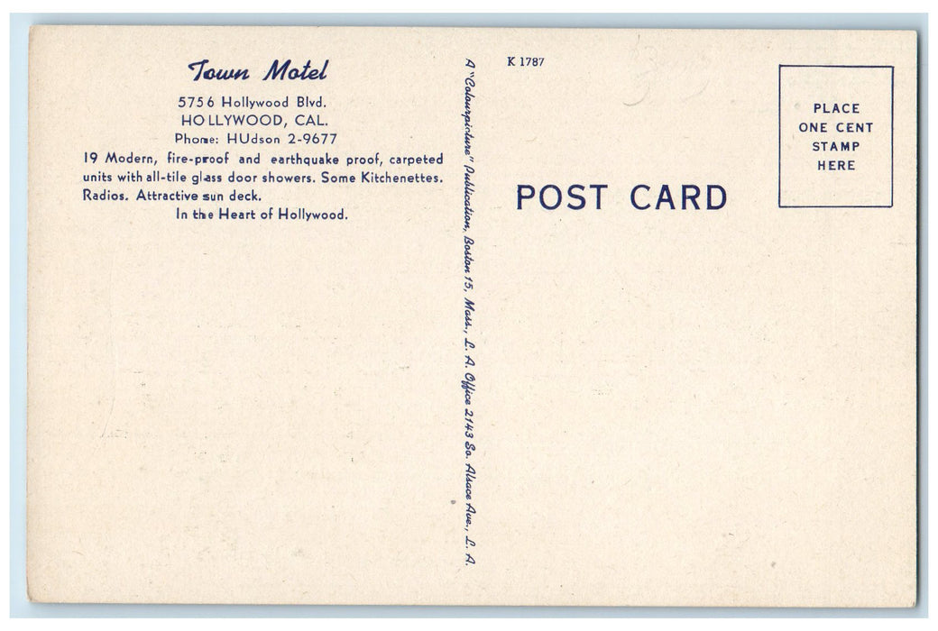 c1950 Town Motel Entrance Classic Car Restaurant Hollywood Boulevard CA Postcard