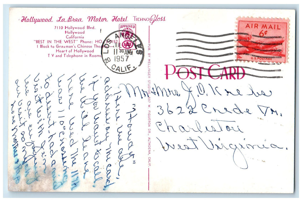 1957 Hollywood Labrea Motor Hotel Entrance Restaurant Flag Hollywood CA Postcard
