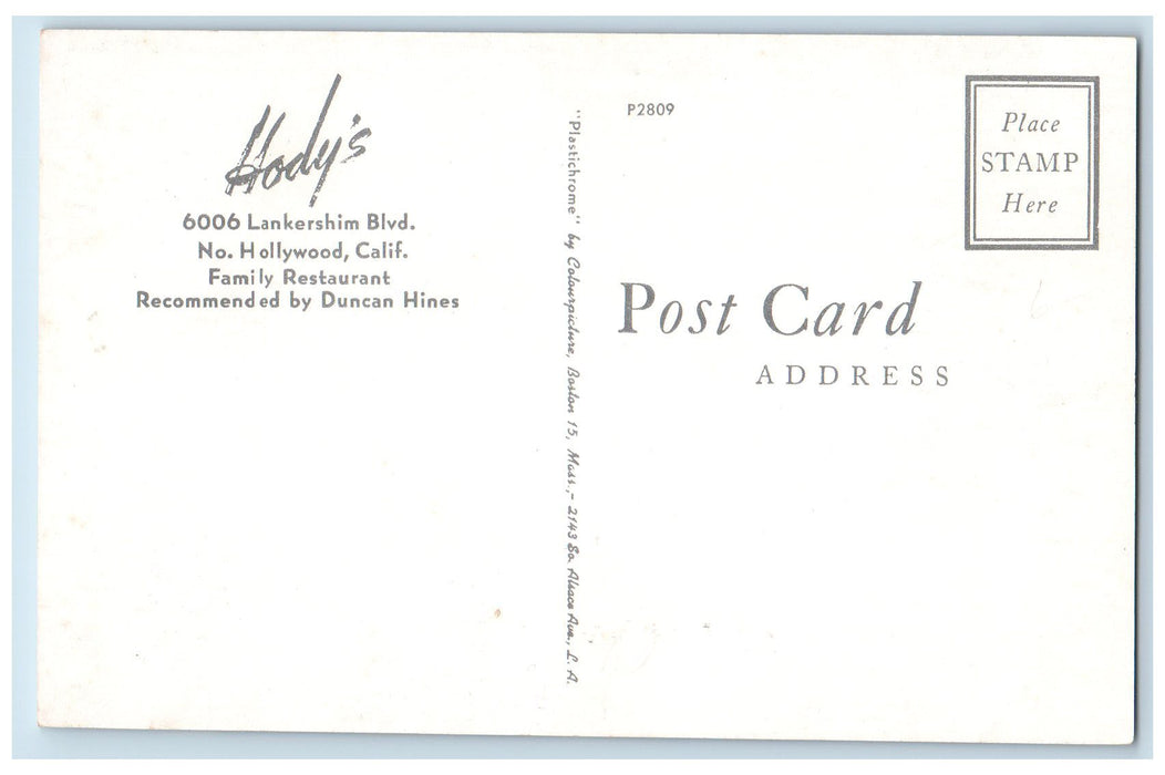 c1950's Hody's Family Restaurant Front Entrance Hollywood California CA Postcard