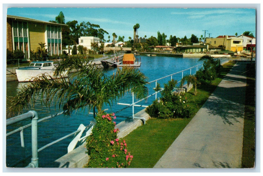 c1950 Long Beach Swimming Pool Tourist Boat Dock Pathway California CA Postcard