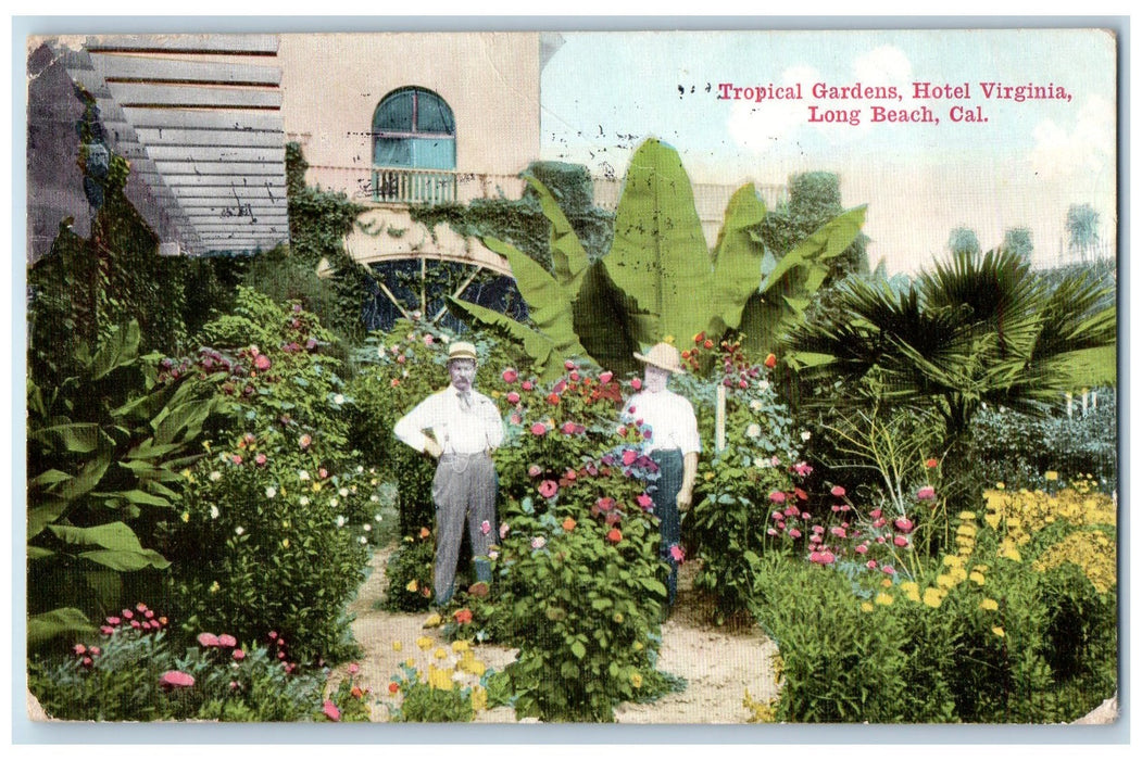 1914 Tropical Gardens Hotel Virginia Restaurant 2 Man Long Beach CA Postcard