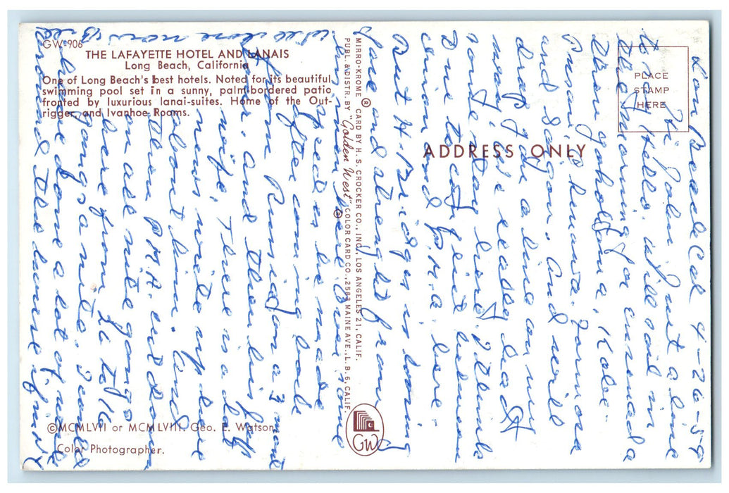 c1950's The Lafayette Hotel Lanais Restaurant Pool Long Beach CA Posted Postcard
