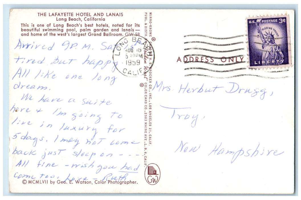 1959 Lafayette Hotel Lanais Restaurant Classic Cars Long Beach CA Postcard