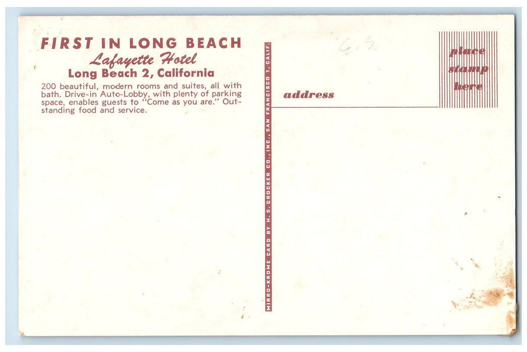 c1950 Lafayette Hotel Building Restaurant Classic Cars Long Beach 2 CA Postcard