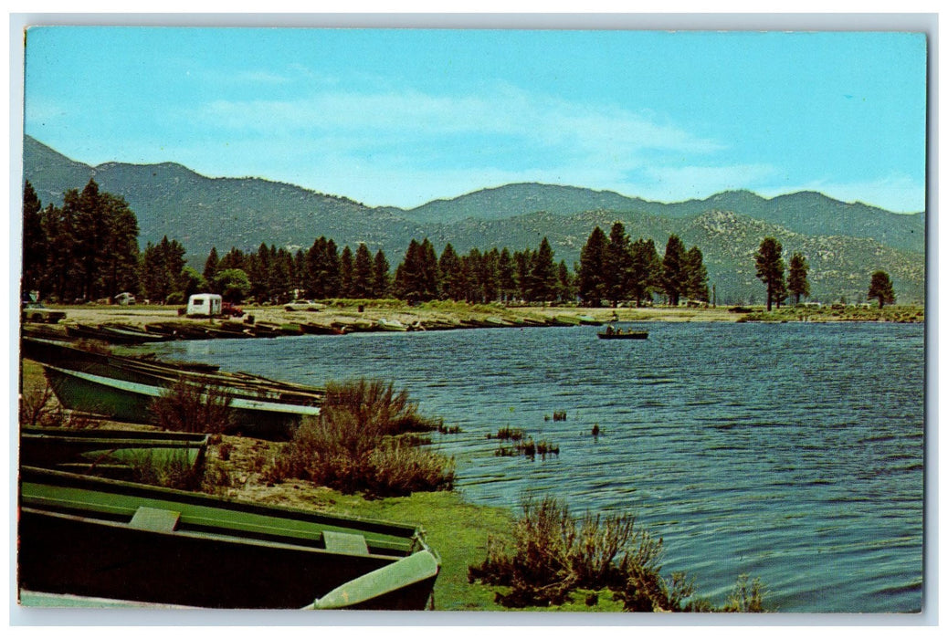 c1950 Hemet Lake Camping Boat Dock Restaurant San Jacinto Mountains CA Postcard