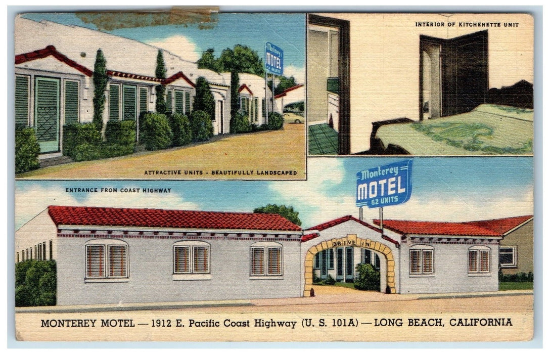 1973 Monterey Motel Restaurant Composite View Long Beach 6 CA Posted Postcard