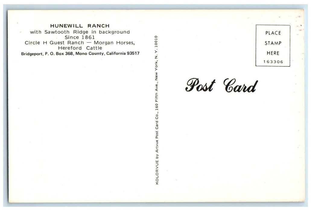 c1950's Hunewill Ranch Sawtooth Ridge Horse Cattle Road Bridgeport CA Postcard