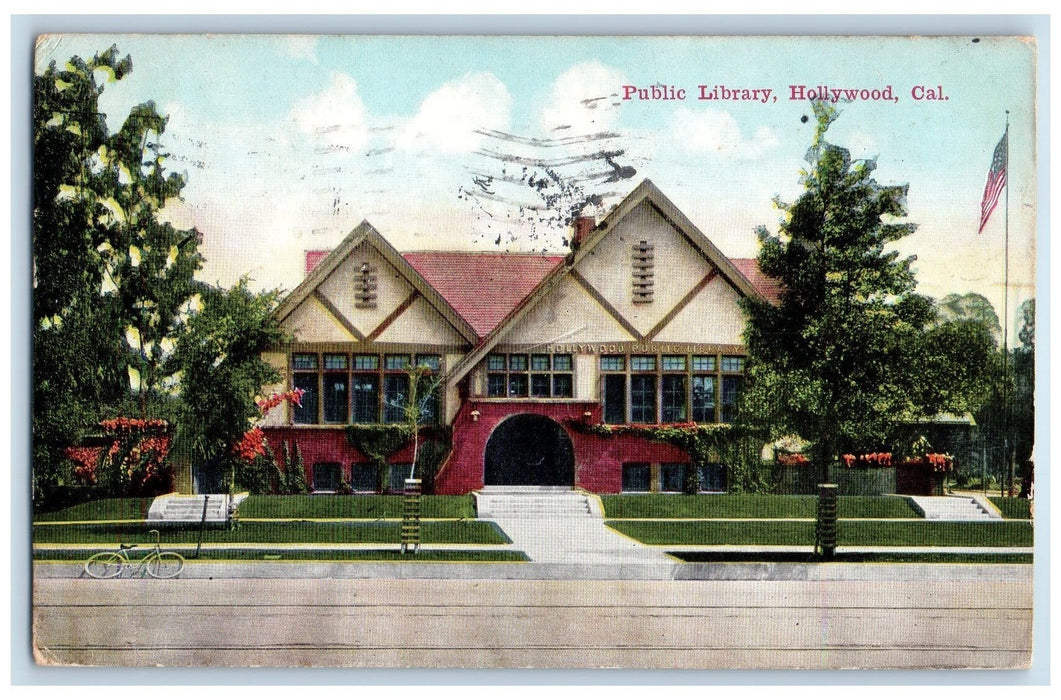 1915 Public Library Building Stairs Entrance Bicycle Flag Holly Wood CA Postcard