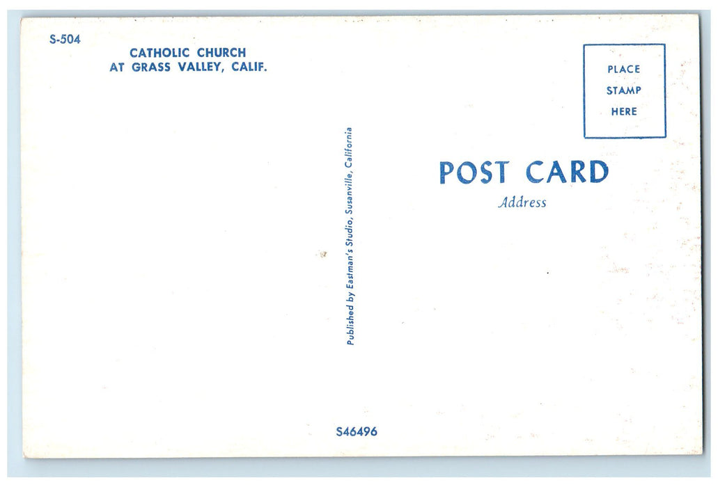 c1950's Catholic Church Front View Cross  Double Door Grass Valley CA Postcard
