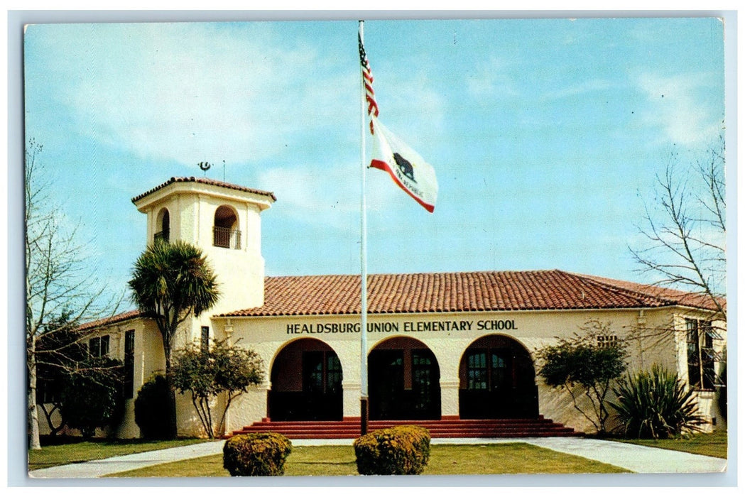 c1950's Healdsburg Union Elementary School Building Entrance Flag CA Postcard