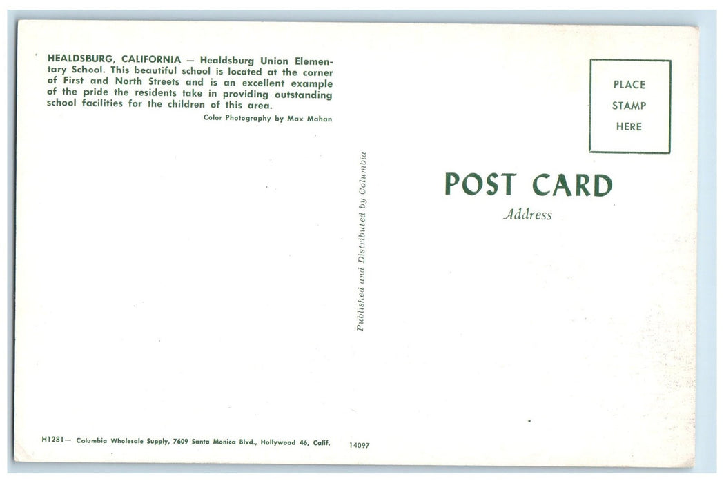 c1950's Healdsburg Union Elementary School Building Entrance Flag CA Postcard