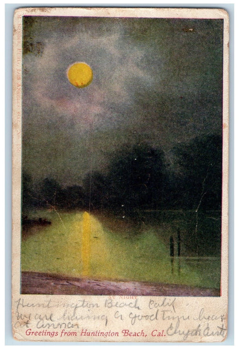 1906 Greetings From Huntington Moonlight Reflection View California CA Postcard