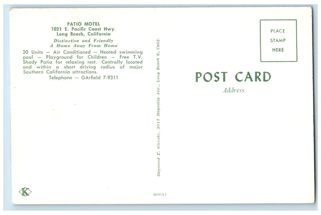 c1950 Patio Motel Restaurant Classic Car Entrance Long Beach CA Vintage Postcard