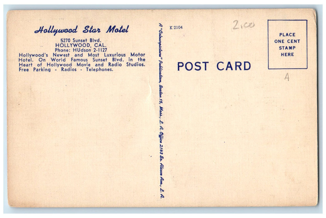 c1950 Hollywood Star Motel Restaurant Entrance Hollywood California CA Postcard