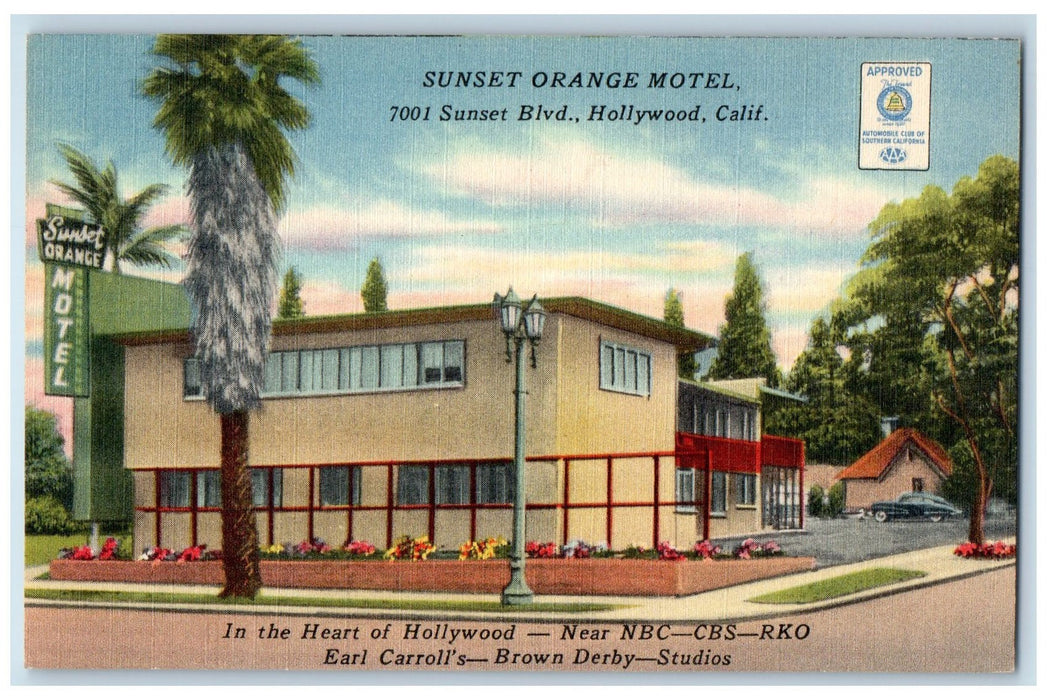 c1950 Sunset Orange Motel Restaurant Classic Car Roadside Hollywood CA Postcard